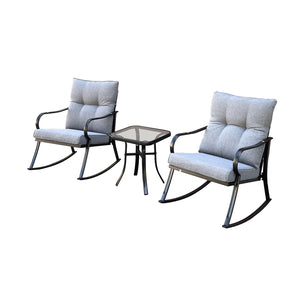 Ensemble de rocking-chair bistro extérieur en métal de 3 pièces avec coussin gris moyen et table d'appoint